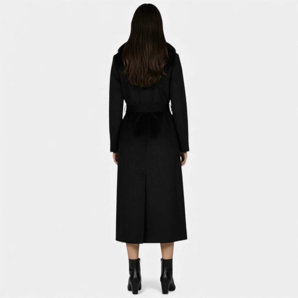 Cappotto donna lungo con cintura e colletto in pelliccia
