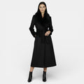 Cappotto donna lungo con cintura e colletto in pelliccia