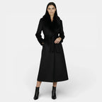 Cappotto donna lungo con cintura e colletto in pelliccia