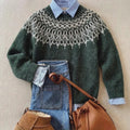 Maglione donna in maglia verde con motivo norvegese