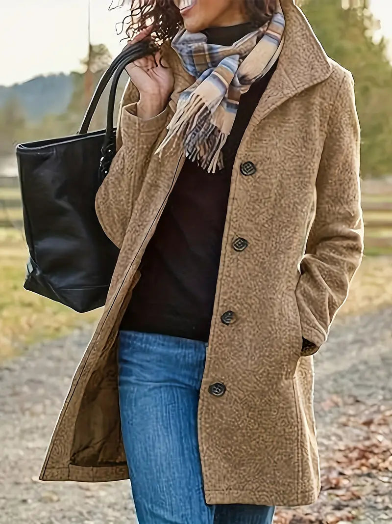 Manteau midi femme texturé, col à revers, boutons