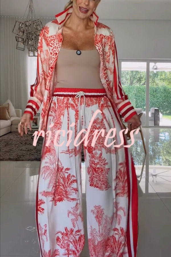 Completo donna a motivo vegetale rosso, camicia e pantaloni