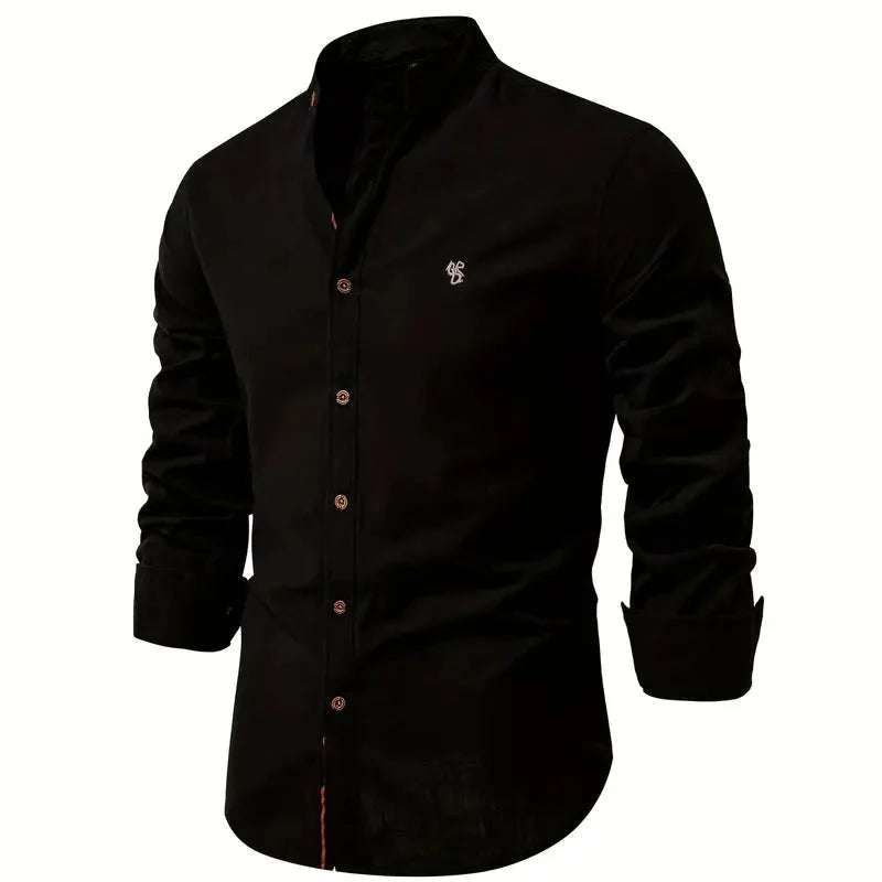 Men's Long Sleeve Shirt With Mandarin Collar and Buttons