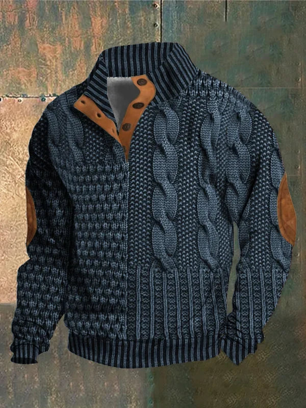 Męski sweter dzianinowy ze wzorem warkoczowym, stójką i guzikami