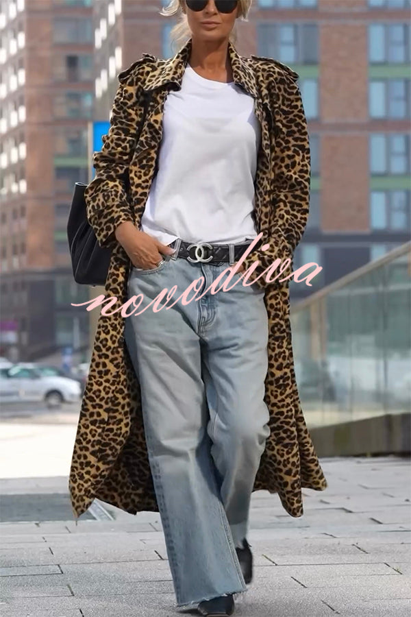 Abrigo midi de mujer de estampado de leopardo con solapas y manga larga