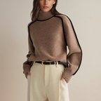 Maglione donna a collo alto con maniche lunghe e finiture a contrasto