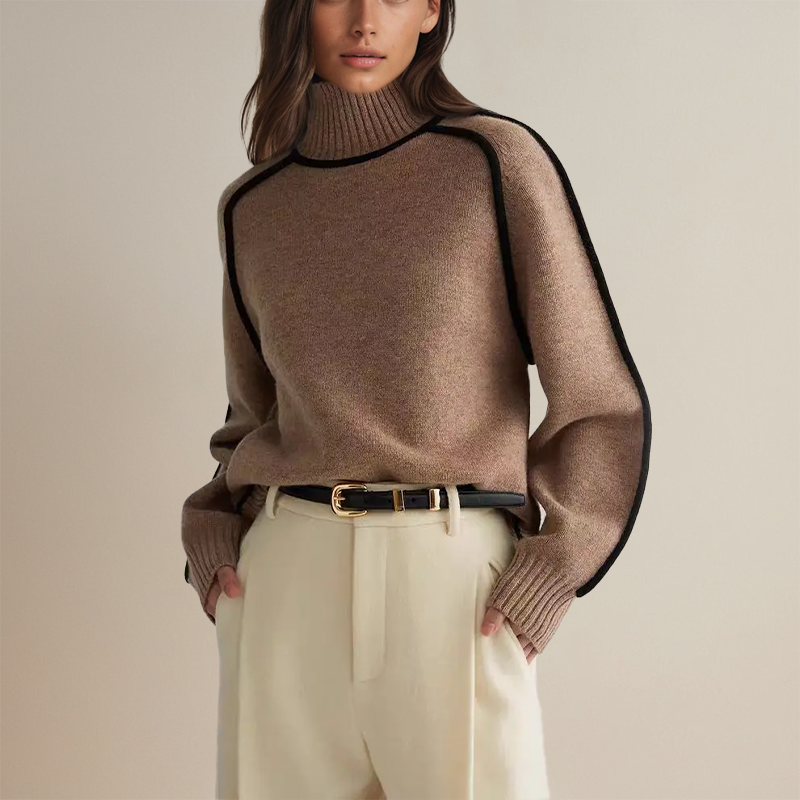 Sweater til damer med rullekrave, lange ærmer og kontrastkanter