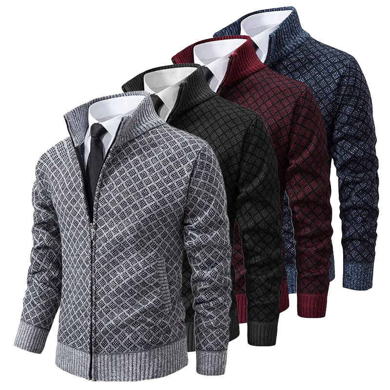 Maglione uomo con motivo geometrico, collo a listino e zip