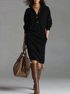 Robe midi femme en maille à col montant et boutons