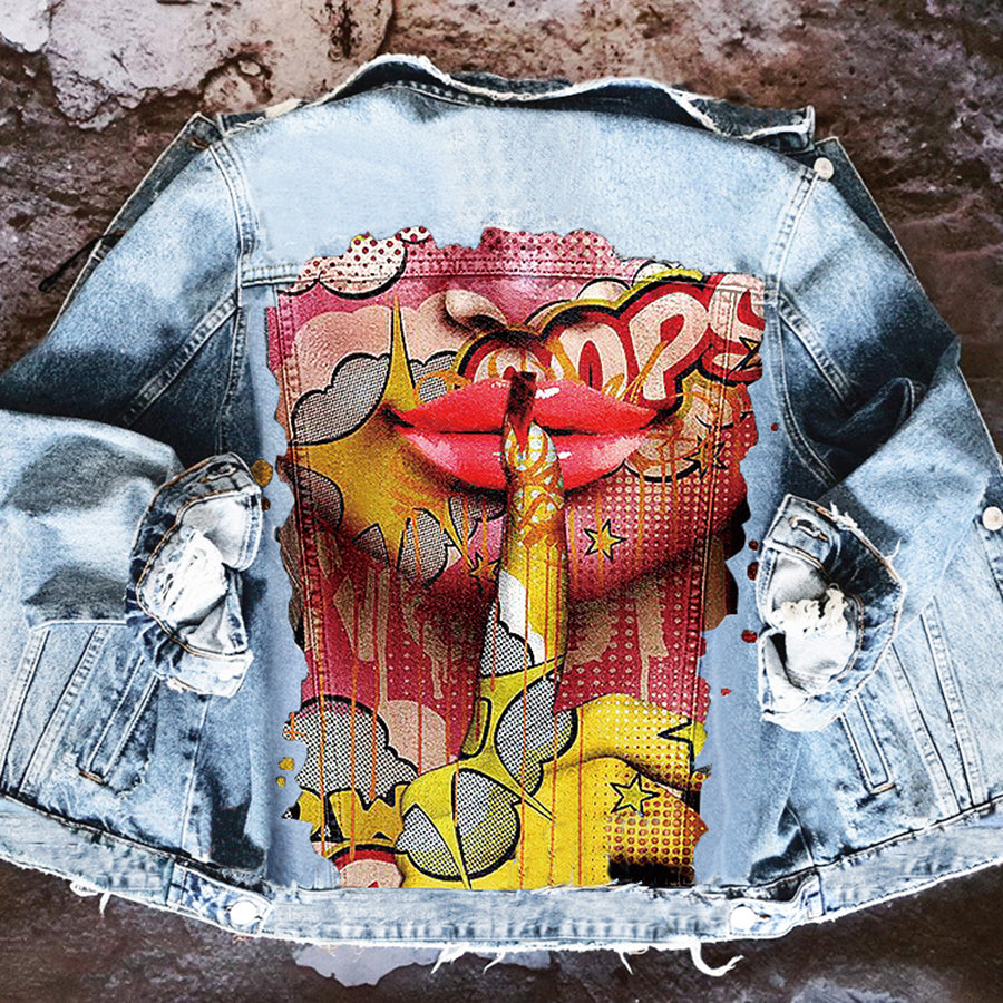 Veste en jean femme à manches longues et imprimé