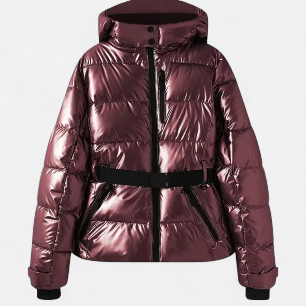 Casaco de inverno acolchoado de mulher com capuz e cintura marcada