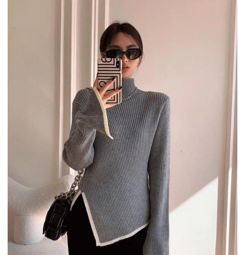 Pull col roulé côtelé femme à bas asymétrique
