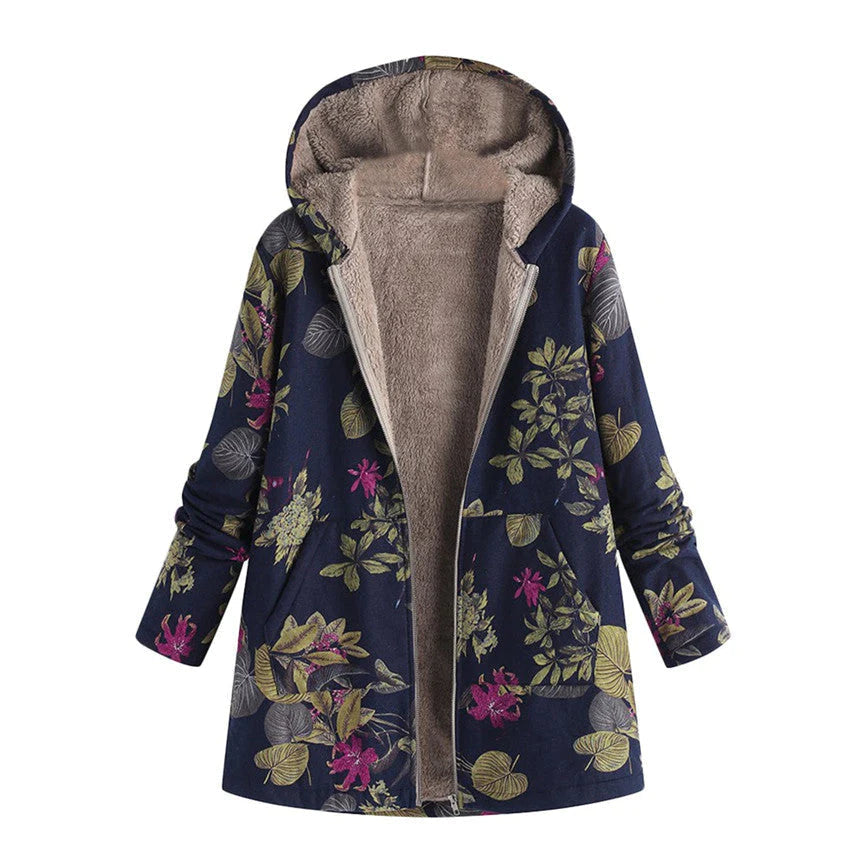 Casaco de inverno de mulher com estampado floral, capuz e fecho de correr