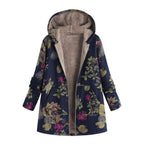Casaco de inverno de mulher com estampado floral, capuz e fecho de correr