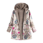 Casaco de inverno de mulher com estampado floral, capuz e fecho de correr