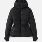 Casaco de inverno acolchoado de mulher com capuz e cintura marcada