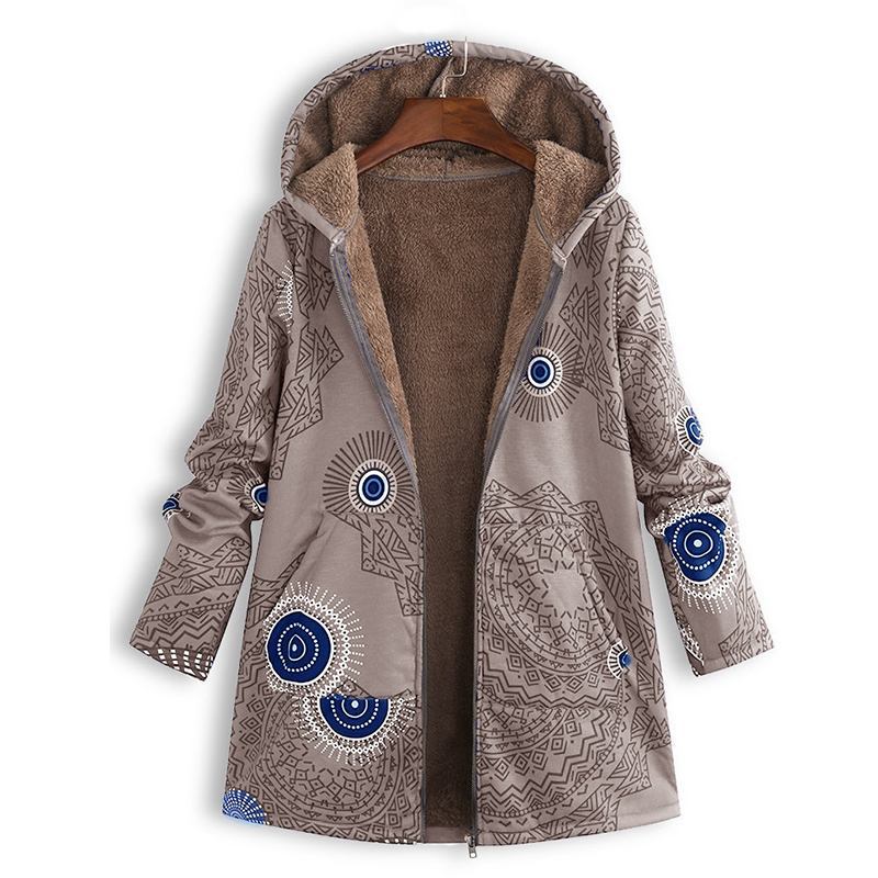 Casaco de inverno de mulher com estampado floral, capuz e fecho de correr