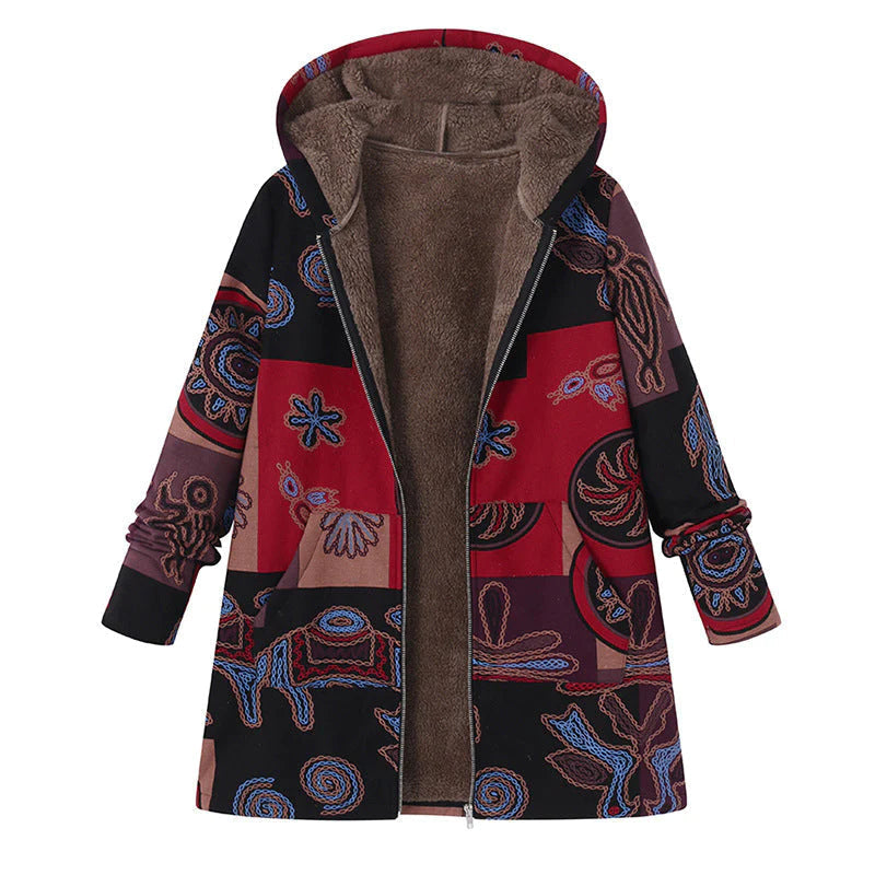 Casaco de inverno de mulher com estampado floral, capuz e fecho de correr