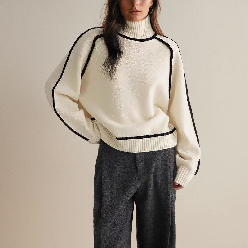Sweater til damer med rullekrave, lange ærmer og kontrastkanter