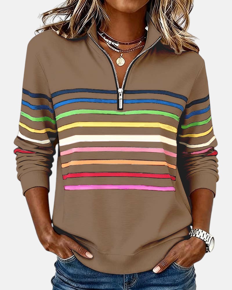 Stribet sweatshirt til damer med lynlås ved kraven og lange ærmer