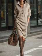 Robe midi femme en maille à col montant et boutons