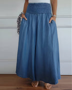 Jupe longue femme à taille froncée, ample, avec poches