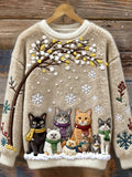Camisola de mulher com bordado de gatos e decote redondo, de inverno