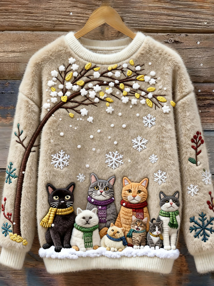 Pulover de damă de iarnă cu broderie pisici și decolteu rotund