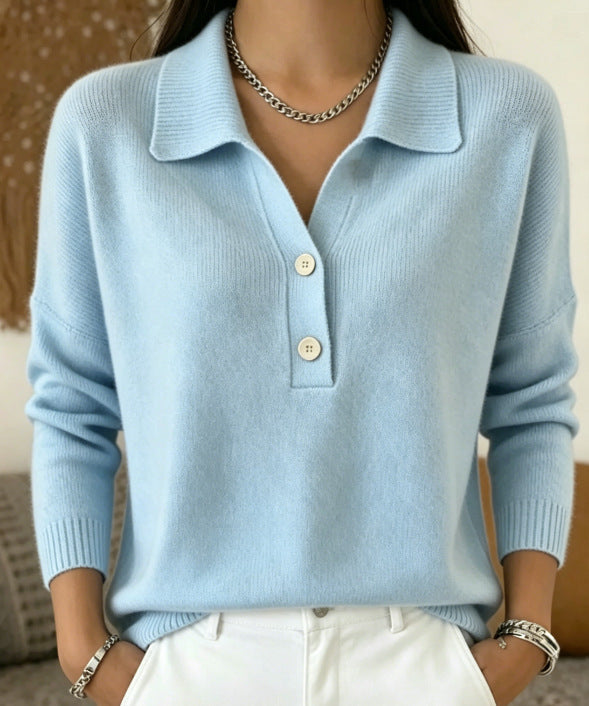 Polosweater til damer med krave og knapper og lange ærmer