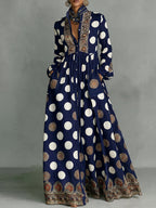 Vestido maxi de mulher às bolinhas com gola mandarim