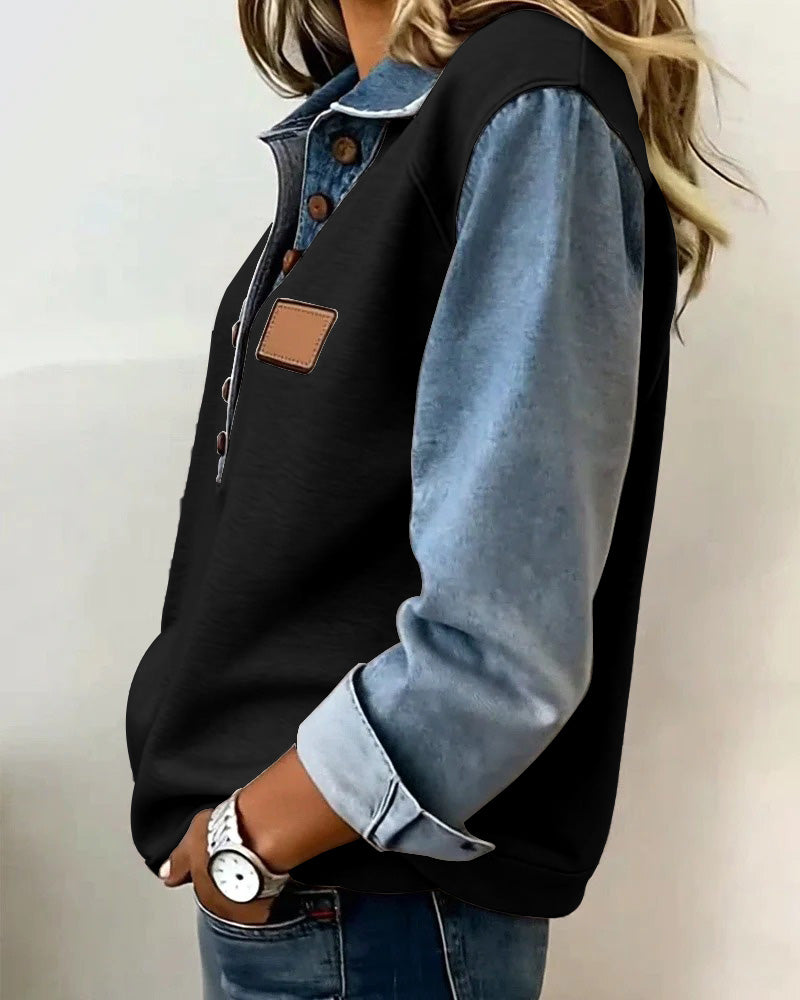 Sweatshirt til damer med paneler, lange ærmer og krave