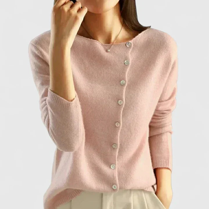 Strikket cardigan til damer med knapper og rund hals
