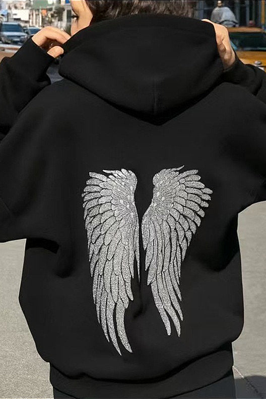 Sweatshirt com capuz de mulher com corte folgado e asas decorativas