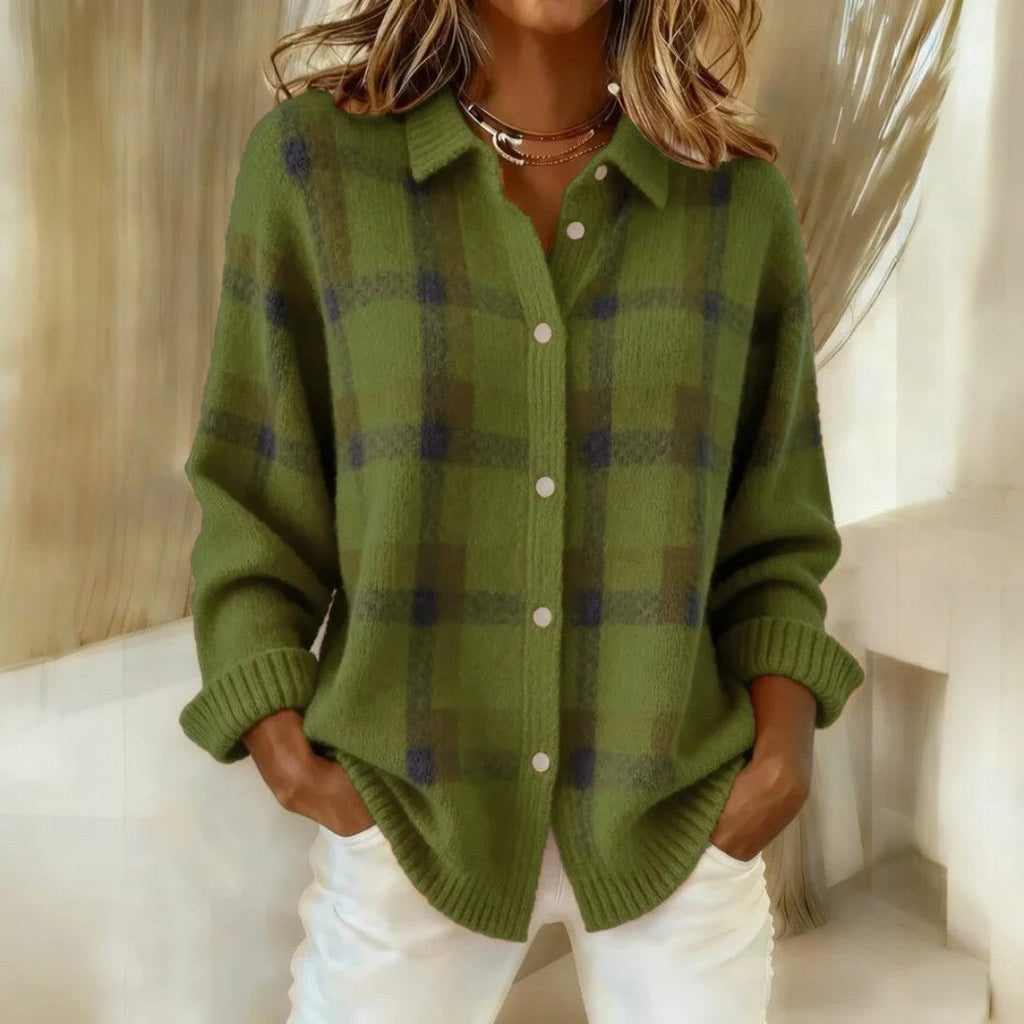 Pull femme à carreaux, col et boutons