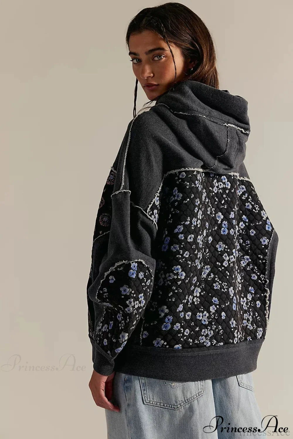 Sweat à capuche femme à panneaux fleuris et bords-côtes