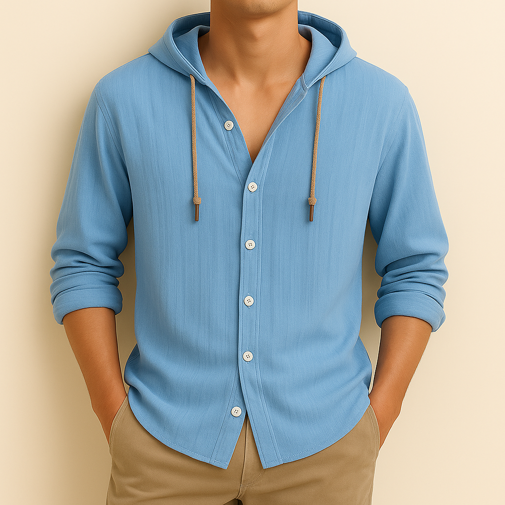 Camisa de homem com capuz, mangas compridas e botões