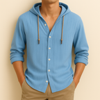 Camisa de homem com capuz, mangas compridas e botões