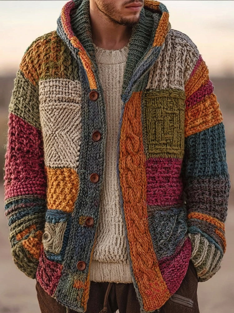 Męski wielokolorowy kardigan patchwork z kapturem i guzikami