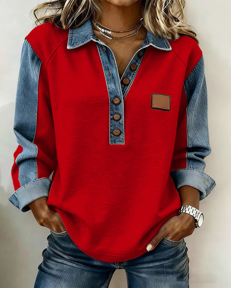 Sweatshirt til damer med paneler, lange ærmer og krave