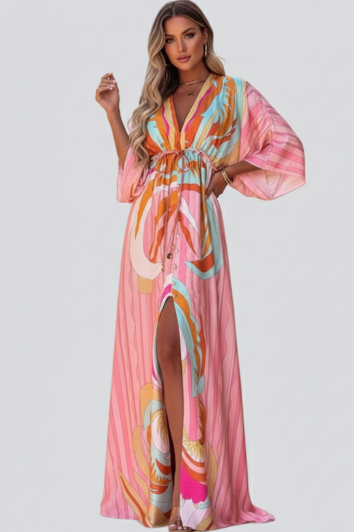 Vestito lungo donna con scollo a V e cintura