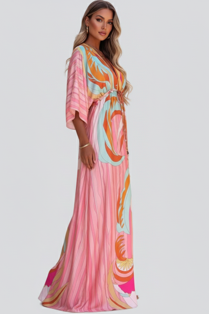Vestito lungo donna con scollo a V e cintura