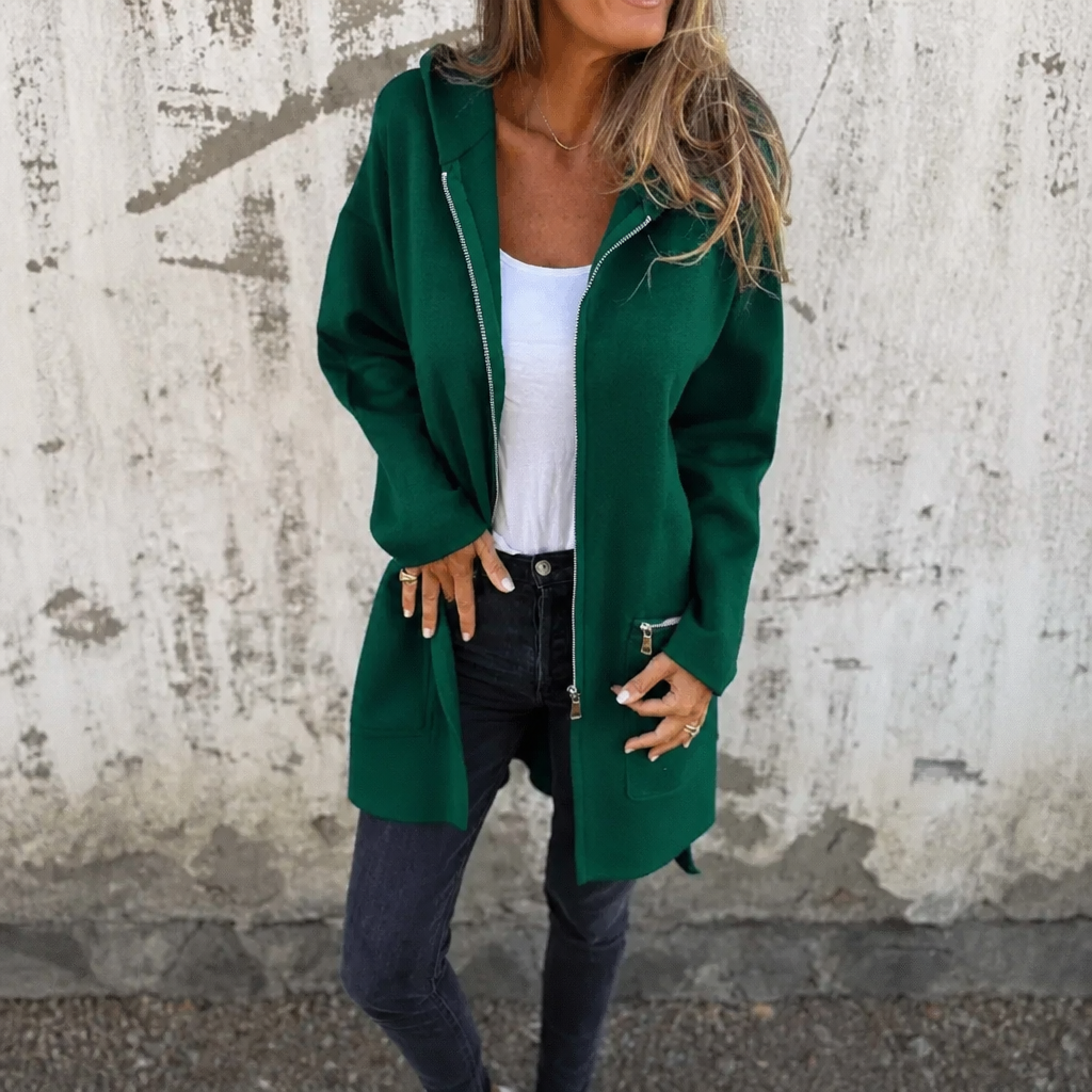 Długi damski kardigan z kapturem, zamkiem błyskawicznym i kieszeniami