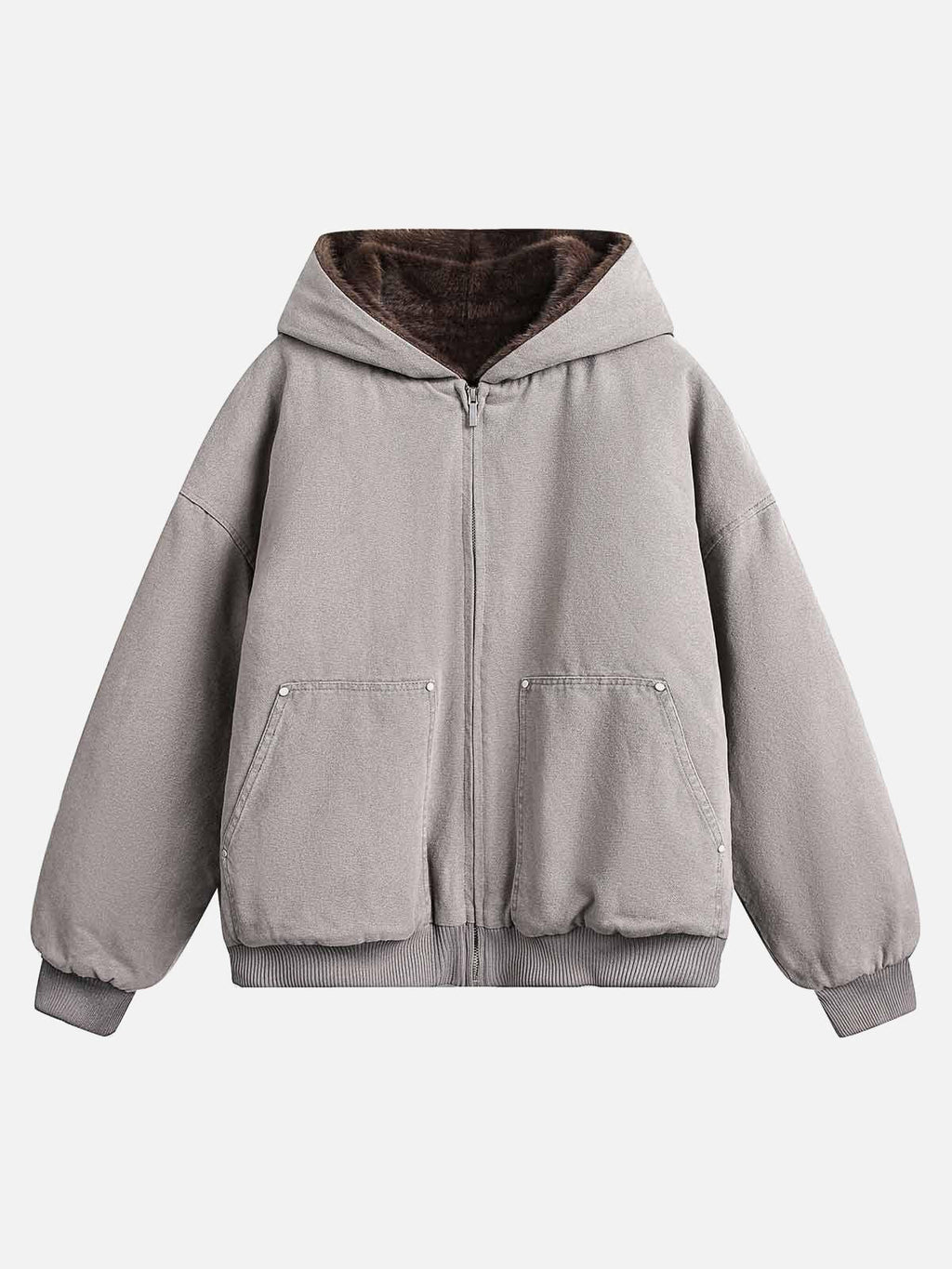 Quiltet unisex jakke med hætte og pelsfinish, med lynlås
