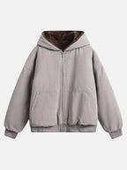 Quiltet unisex jakke med hætte og pelsfinish, med lynlås