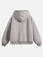Quiltet unisex jakke med hætte og pelsfinish, med lynlås