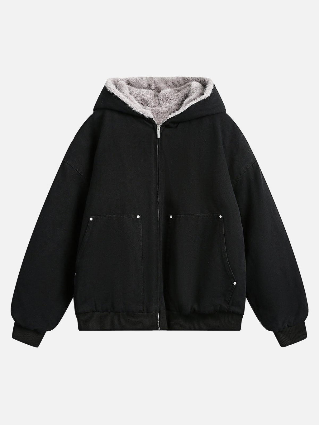 Quiltet unisex jakke med hætte og pelsfinish, med lynlås