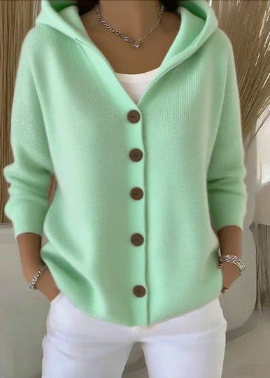Cardigan femme à capuche et boutons, en maille, manches longues