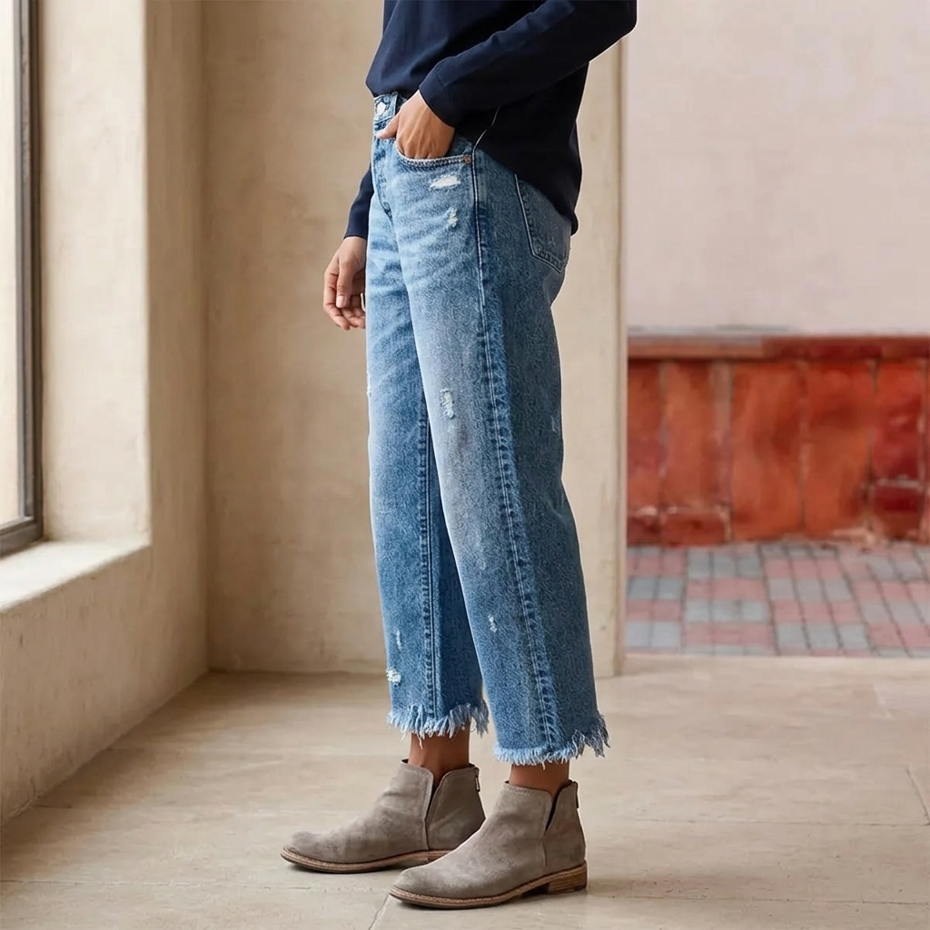 Cropped jeans til damer med lige ben og flosset kant