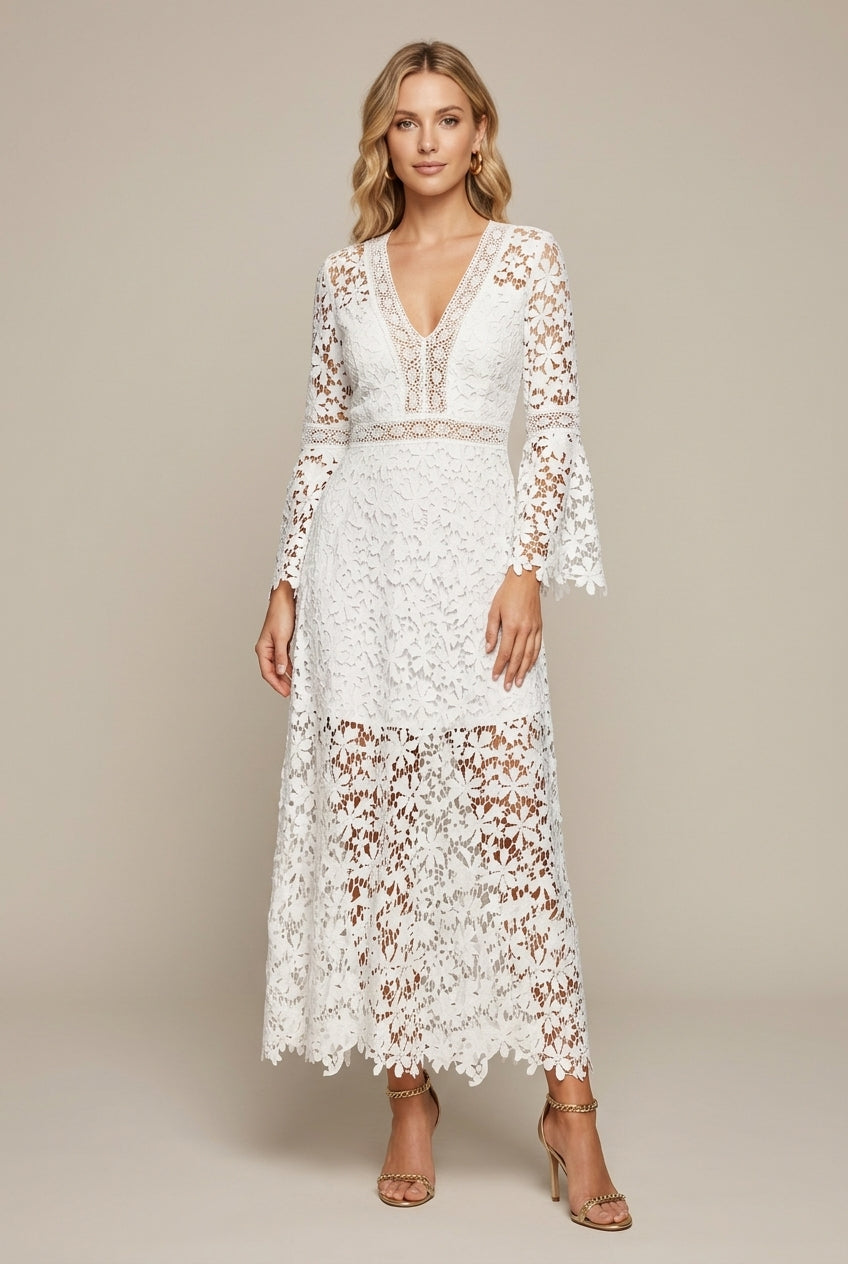 Rochie maxi de damă din dantelă, decolteu V, mânecă lungă, model ajurat