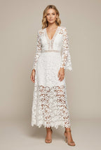Rochie maxi de damă din dantelă, decolteu V, mânecă lungă, model ajurat